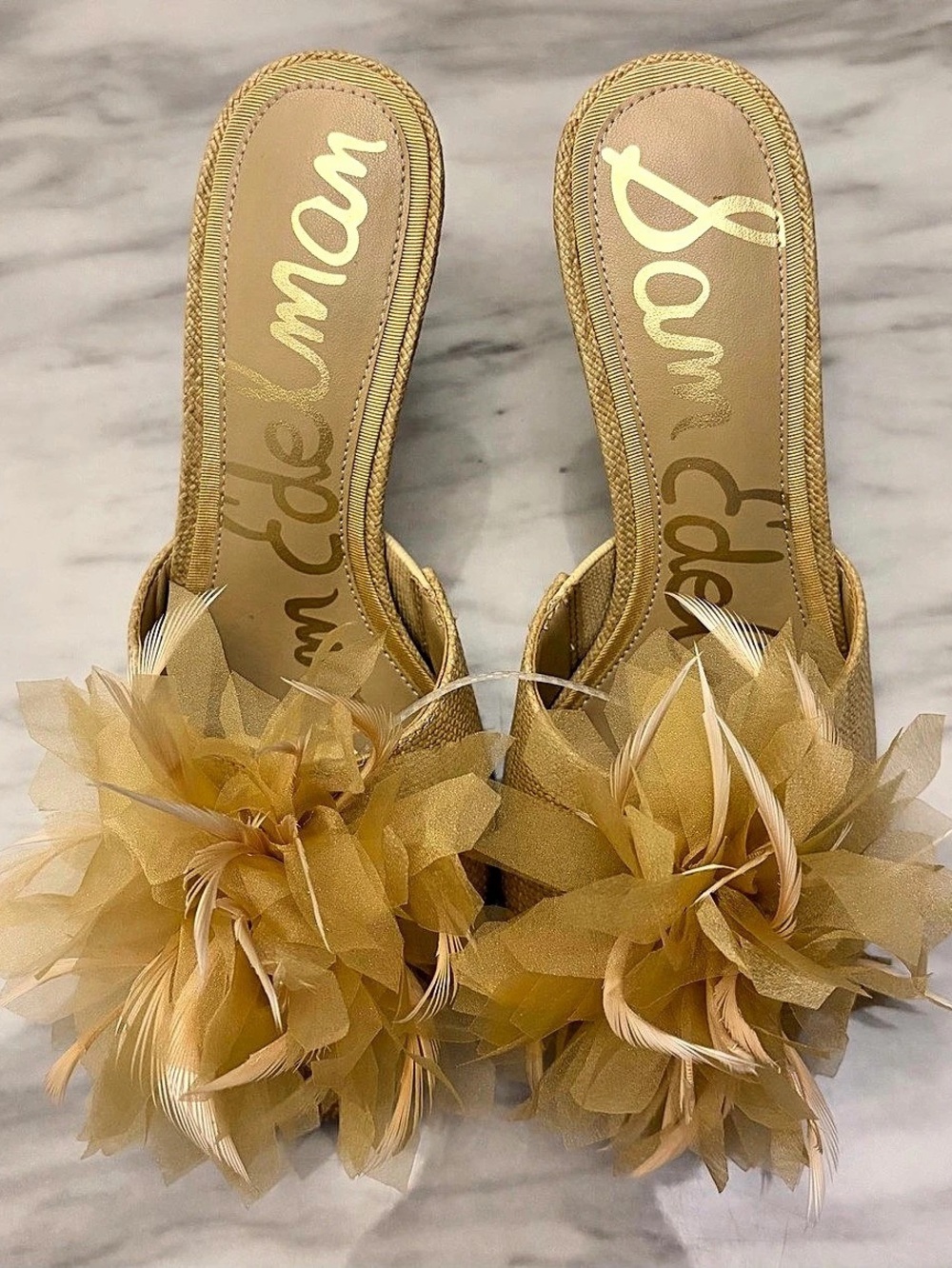 Sam Edelman Jace Raffia Feather Flower Mule Heels Almond 7.5
